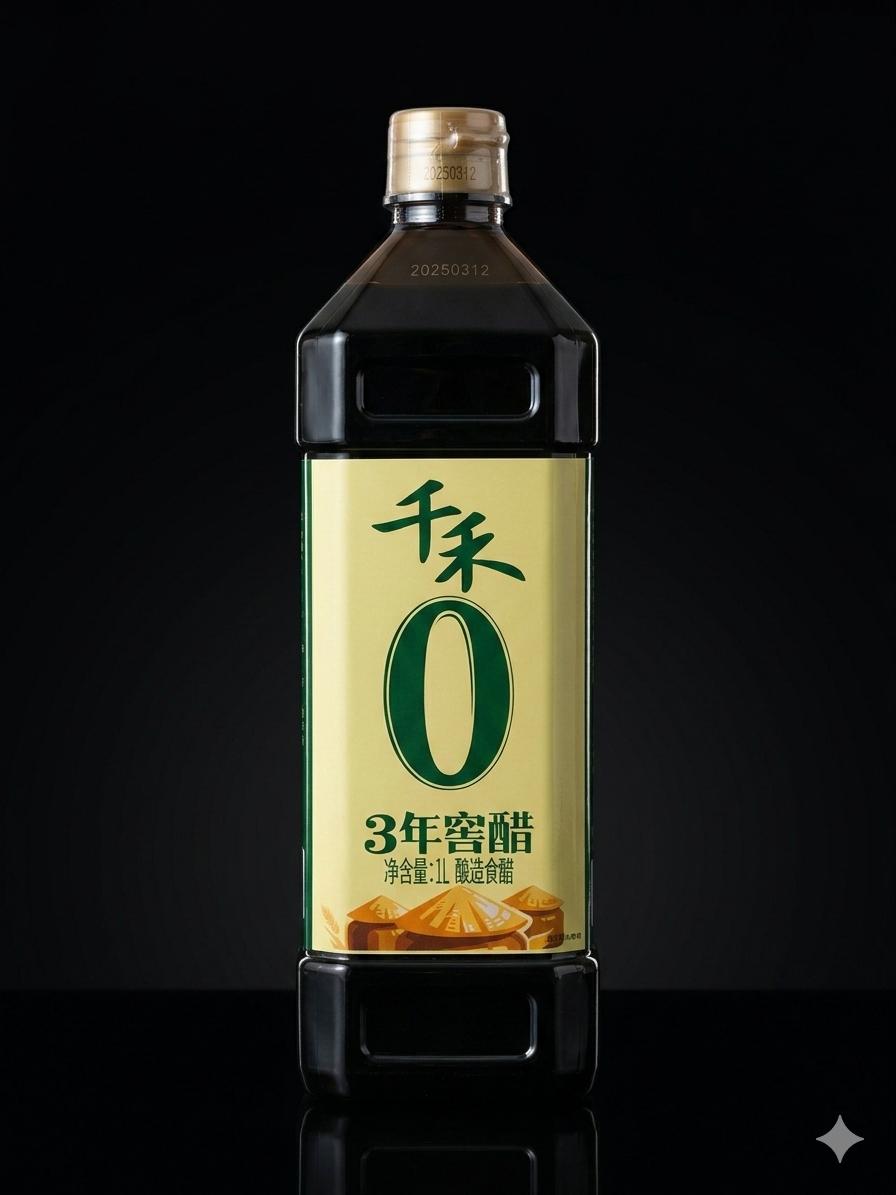 A bottle of Qianhe aged vinegar on a black background. 
