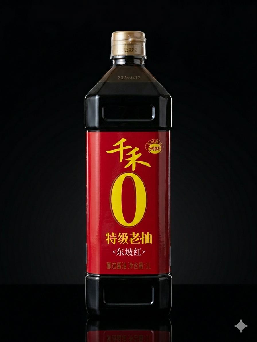 A bottle of Qianhe Dark soy sauce on a black background. 